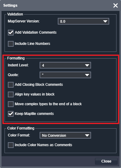 The MapServer Studio Settings dialog with Formatting options